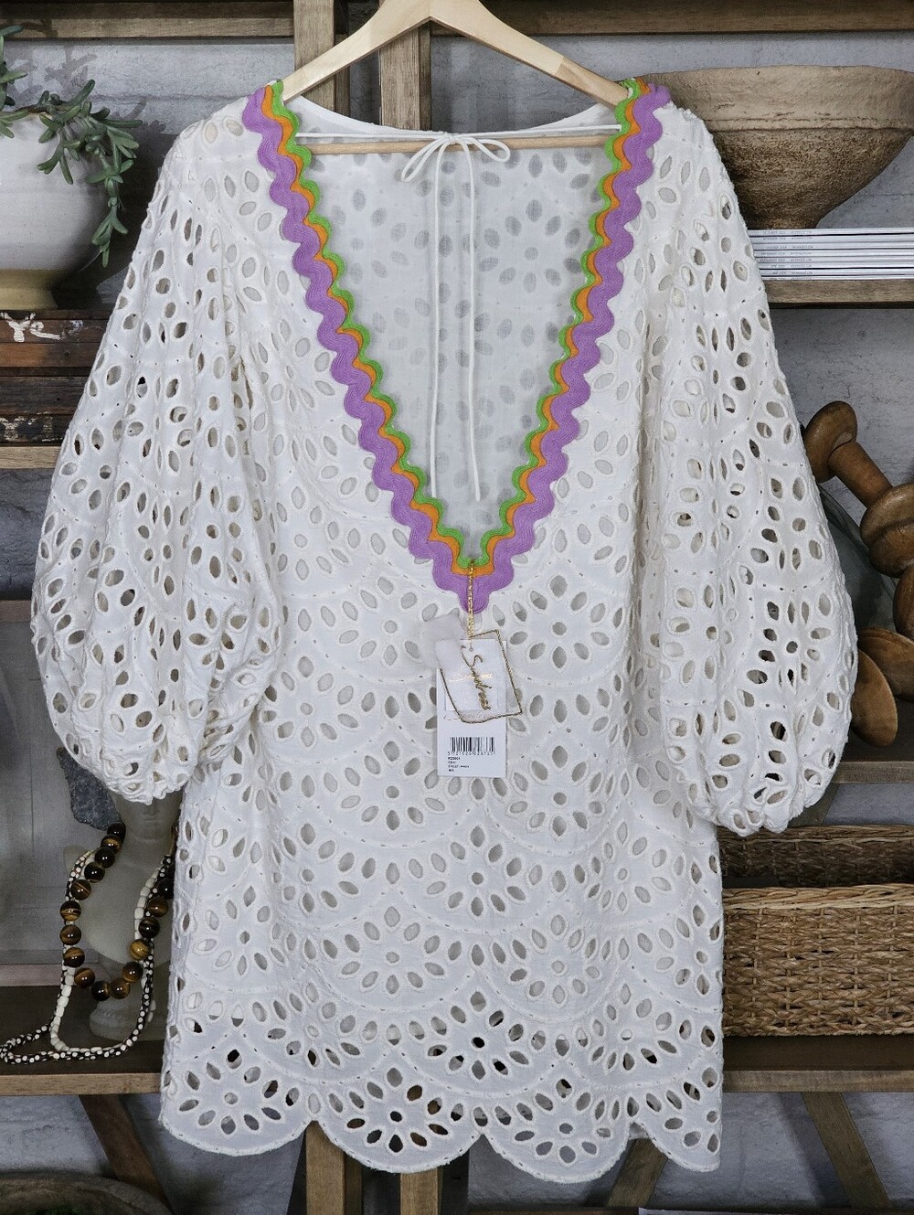 Sundress Edo Cotton Eyelet Babydoll Mini Dress V Plunging Neckline Ric Rac Trim - Picture 3 of 16